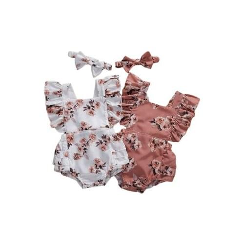 0-24M Summer Toddler Kids Baby Girls Boys Bodysuits Flowers Print Ruffles Short Sleeve Jumpsuits Headband 2PCS