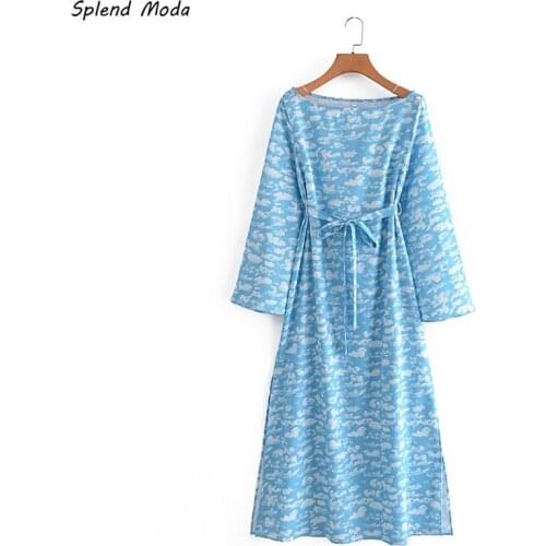Splend Moda Fashion New Vintage Lace-Up Waist Slimming Print Sashes Side Split Dress Autumn 2021 New Womens Clothing Vestido
