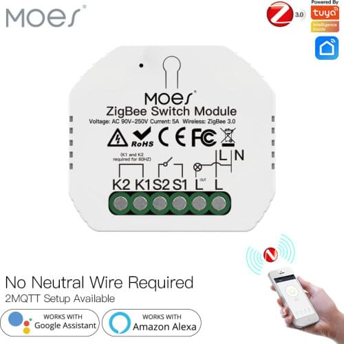 Moes 2MQTT Tuya ZigBee Smart Light Switch Module No Neutral Wire Single Fire Smart Life App Control Works with Alexa Google Home
