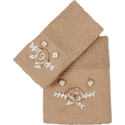 Enamel Jacquard Hand Handwork Embroidered Towel Set 2 Piece Coffee