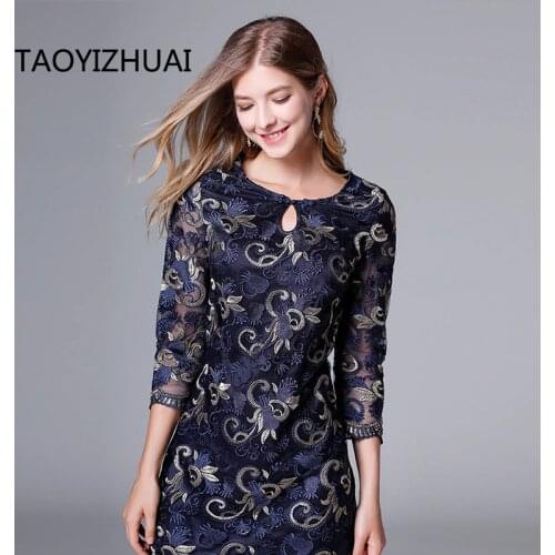 TAOYIZHUAI 2019 New Arrival Spring Vintage Short and Three Quarter Publish Blue Plus Size L Embroidery Lace Women Dress 11654