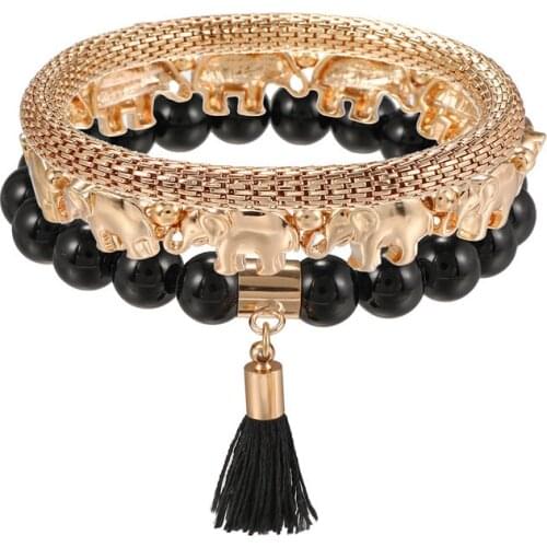 Charms Gold Elephant Black Matte Natural Stone Bracelet Yoga Retro Tassel Pendant Female Bracelet Men Jewelry