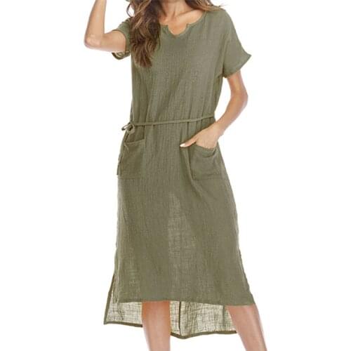Faylisvow Casual Cotton Pocket Women Summer Dress Big Size Short Sleeve Long Maxi Dresses Female Vintage office Dress Boho