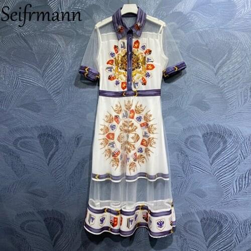 Seifrmann New 2021 Summer Women Fashion Runway Party Long Dress Short Sleeve Gorgeous Crystal Beading Print Mesh Ladies Dresses