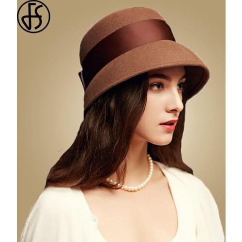 FS Black Winter Hats Women Wide Brim Wool Fedora Elegant Bowler Cloche Felt Caps Vintage Ladies Church Hat Sombreros Mujer