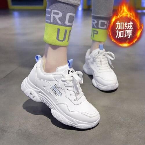 Leather Chunky Sneakers Shoes Women White Casual Shoes Women Sneakers 2019 Winter Platform Snow Shoe Plush Fur Lace Up Flats