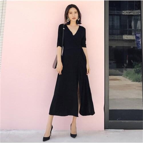Women Dress summer New high quality womens Casual Black dress Shahe Ben wind chiffon retro slim temperament split dress women