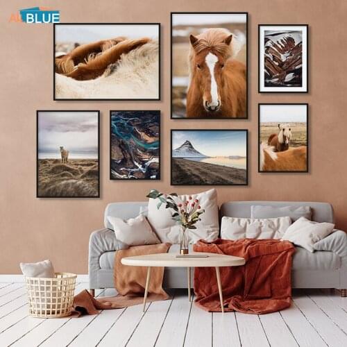 Animal Horse Landscape Mountain Lake Nature Painting For Living Room Wall Picture Canvas Wall Art Nordic Poster Print Home Decor