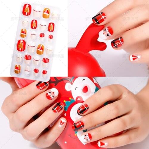 24 Pieces of Patch Finished Nail Piece Childrens Cartoon Christmas Fake Nails Detachable Nail Stickers with Adhesive