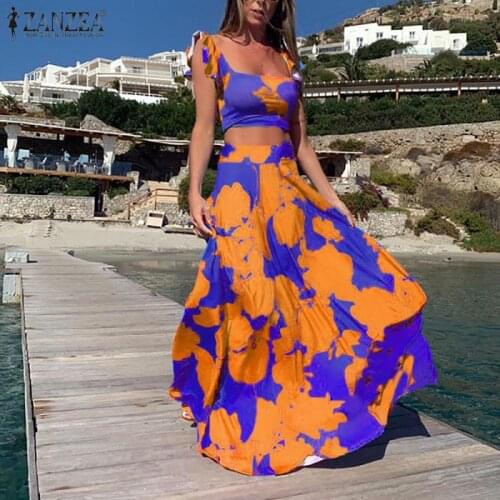 Bohemian Women 2-piece Sets ZANZEA 2021 Summer Ruffle Sleeve Tops Casual Print Loose Maxi Skirts Ladies Holiday Wears