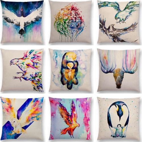 Animals Watercolor Painting Eagles Rhinos Deer Elk Peacock Wolf Lion Whale Elephant Colourful Cushion Cover Sofa Pillow Case