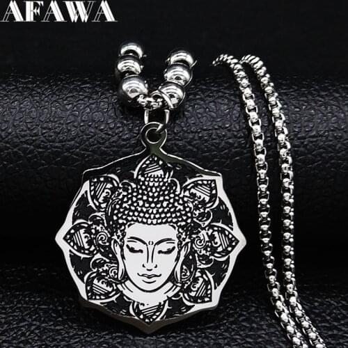 Yoga Buddha Stainless Steel Long Necklace Jewelry Silver Color Boho Bead Statement Necklace Women Jewelry collares largos N3225