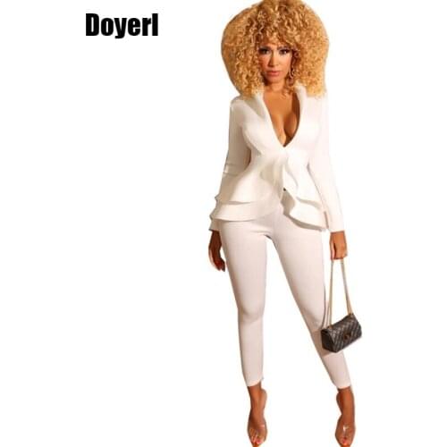 Ruffle Sexy Two Piece Pants Set Women Outfits White Blazer Jacket Top and Pants Suit Set Elegant 2 Piece Women Suits Office Sets