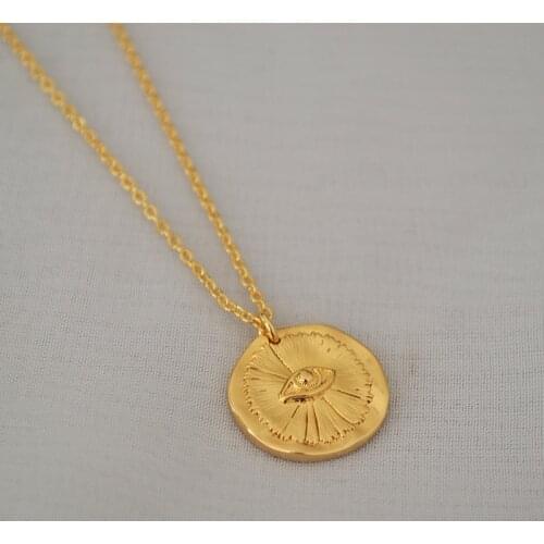 Korean fashion retro devils eye relief gold coin brass short necklace temperament simple woman