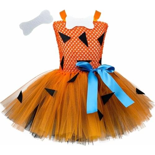 Girls Pebbles Costume Orange Black Fluffy Birthday Dress Kid Halloween Carnival Stone Cosplay Clothe Birthday Spring Performance
