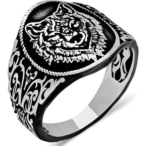 Solid 925 Sterling Silver Bozkurt Gray Wolf Mens Ring