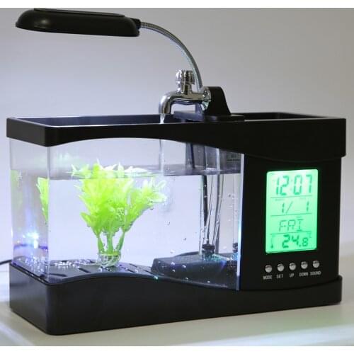 1PCDC 5V USB Desktop Mini Fish Tank Aquarium LCD Timer Clock LED Lamp Light Black Color 24 * 10 * 14cm