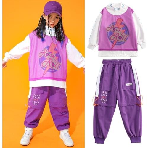 Girls Modern Dance Hip Hop Clothes For Kids Long Sleeve Tops Purple Hiphip Suit Jazz Performance Costumes Rave Clothes DN7911