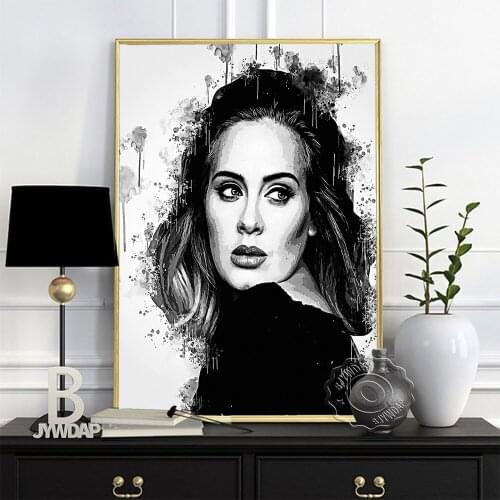 Black White Adele Watercolor Poster, Elegant Goddess Sketch Canvas Painting, Britain Singer-Songwriter Portrait Wall Home Decor