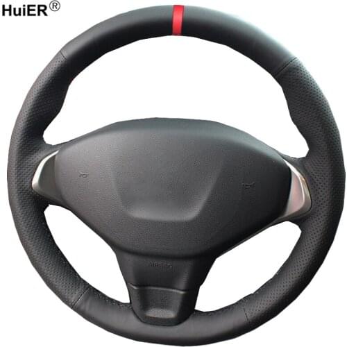 HuiER Hand Sewing Car Steering Wheel Cover Red Marker For Peugeot 301 Car Styling Auto Protector Interior Accessories Parts