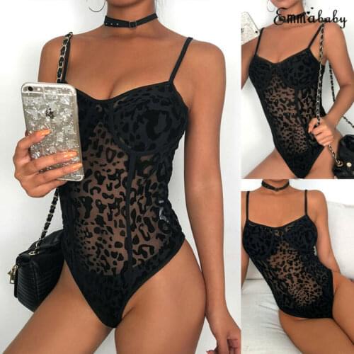 Sexy Mesh See Through Leopard Bodysuits Women Sleeveless V Neck Slim Skinny Bodycon Basic Leotard Tops Club Rompers Streetwear