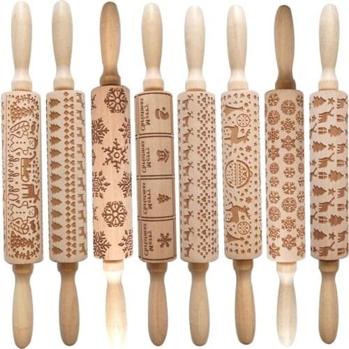 Christmas Print Wooden Rolling Pin Fondant Cake Decoration Dough Roller Baking Cooking Tool Kitchen Gadgets Accessories
