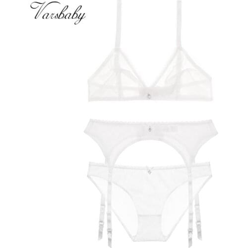 Varsbaby sexy see-through deep V underwear wire free seamless unlined bra+panty+garter 3 pcs bra set