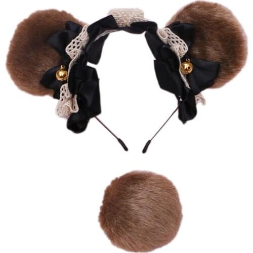 Japanese Lolita Bear Ears Lace Bow Bell Headband with Round Plush Animal Tail Set Anime Kawaii Cosplay Costume Hair for C6UD