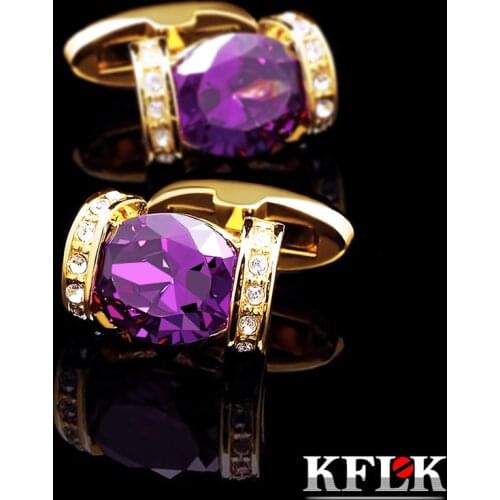 KFLK jewelry fashion shirt cufflinks for women Brand cuff button Purple Crystal cuff links High Quality Gold-color guests