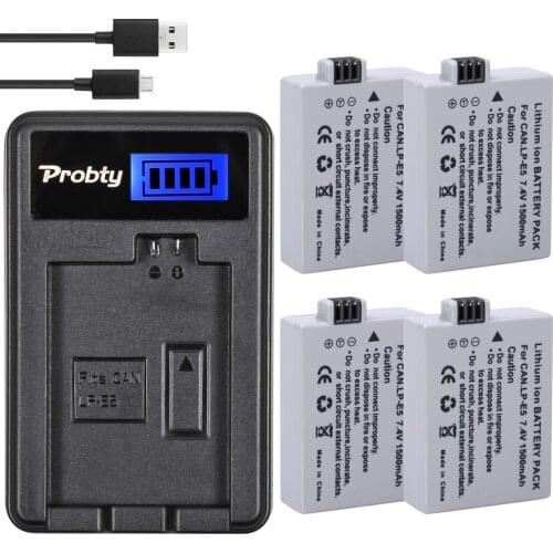 PROBTY 4pcs LP-E5 LP E5 LPE5 Battery + LCD USB Charger For Canon 450D 500D 1000D Kiss Digital X2 X3 F Rebel XSi Xli XS Camera