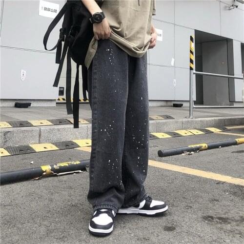 Womens Harajuku Jeans 2021 Fashion New Splash ink Streetwear High Waist Wide Leg Denim Trousers Black Gray BF Loose Pants