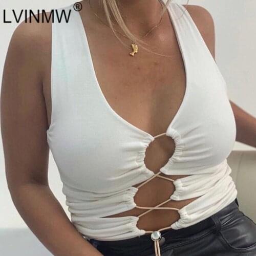 LVINMW Hollow Out Shirring Sexy Skinny Fashion Tank Tops Women Drawstring Slim Basic Solid Casual Sleeveless Crop Top Streetwear