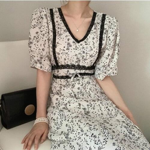 2020 Women Summer Sweet Long Chiffon Floral Mermaid Dress V Neck Slim Waist Lace Patchwork Woman Clothing