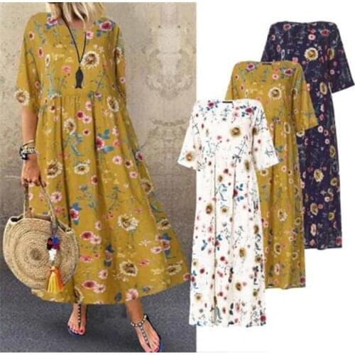 Oversize Bohemia Floral Print Maxi Dress Women Vintage Cotton Linen Dress 2020 Female Autumn O-Neck Loose Casual Dress Vestidos