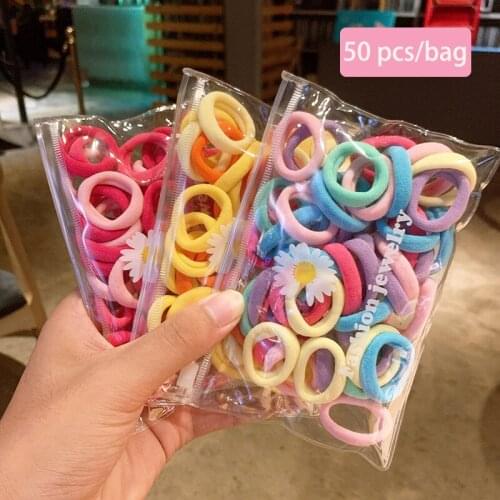 50pcs/bag Children Hair Ties Elastic Hair Bands Dia 2.5cm Rainbow Colorful Nylon Seamless Link Rope Hair Accessories Headdress