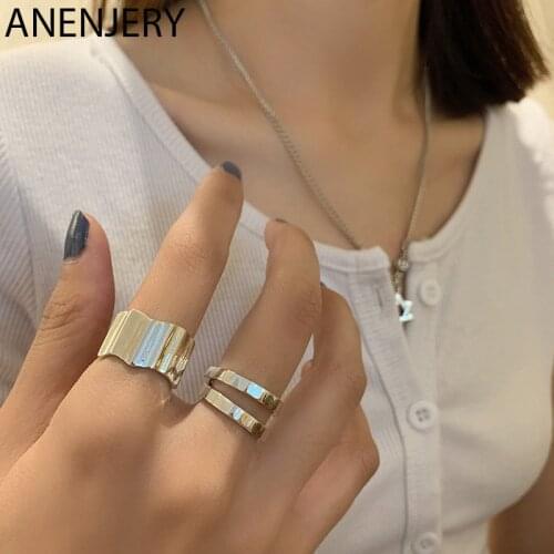 ANENJERY 925 Sterling Silver Double Layer Irregular Smooth Surface Rings for Women Men Punk Ring Personality Accessories S-R936