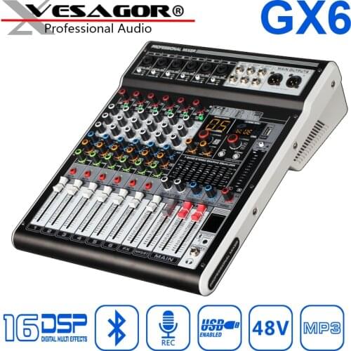 Mixer Audio DJ Audio USB Mixer GX6 6ch Reverb 16DSP 48V Phantom Digital Display Bluetooth PC Interface Recording Mixing Console