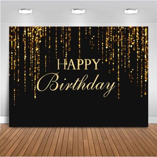 Birthday Party Banner Photography Background Golden Black Sparkly Gold Glitter Decorations Backdrop Photocall Studio Photoshoot