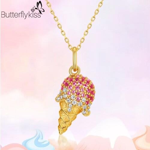 BK Women Ice Cream Necklace Pendants 925 Genuine Silver Summer Dessert Zircon Gemstone Wedding Party Promise Fine Jewelry Gifts