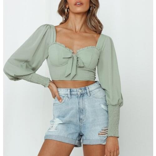 Chiffon Blouse Women Long Sleeve Crop Tops Ladies Solid Casual Summer Blouses Frill Trim Sweetheart Neck Bow Tie Sexy Crop Top
