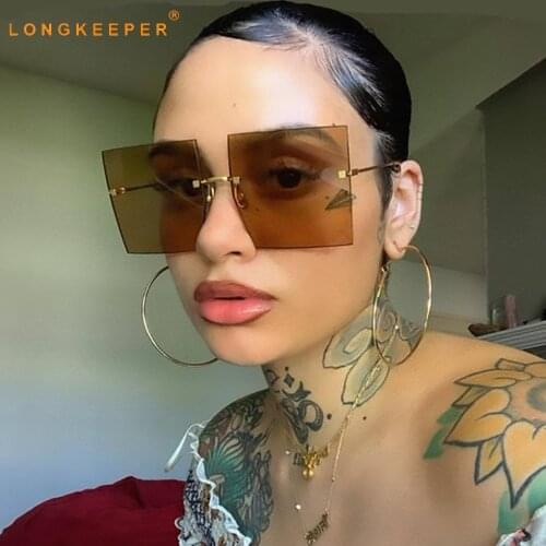 LongKeeper Oversized Square Sunglasses Women 2020 Rimless Sun Glasses Luxury Brand Large Brown Glasses Female Retro Gafas de sol
