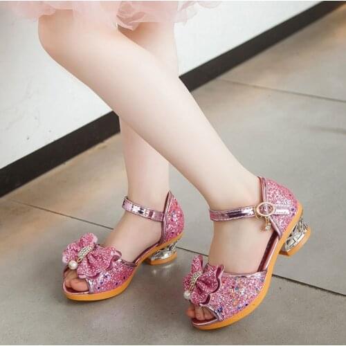 Childrens Shoes 2021 New Summer Casual Glitter Bowknot Spring High Heel Girls Shoes Fashion Princess Dance Party Sandals
