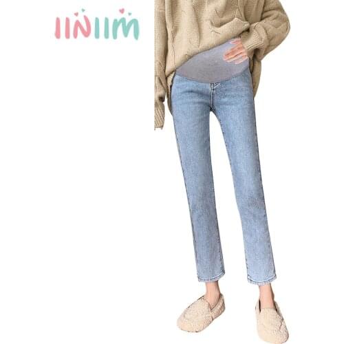 Iiniim Pregnancy Jeans Pregnant Women Spring and Summer Clothing Slim Fit Denim Solid Color Casual Pants with High Waist