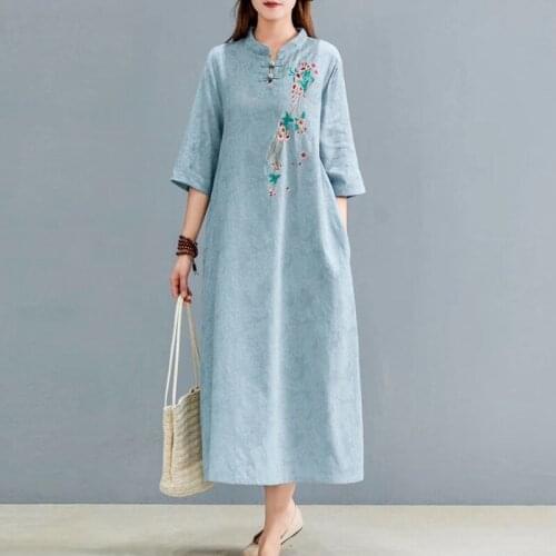 Cotton Linen Dresses Summer 2020 Embroidery Robe Vintage Femme Chinese Style Clothing Women Oriental Chinese Dress Qipao 11789