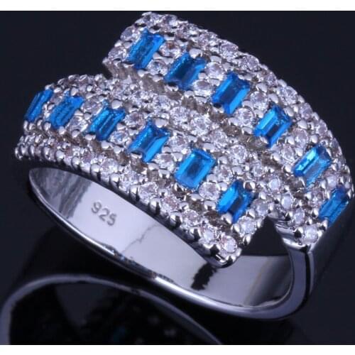 Exquisite Blue Cubic Zirconia White CZ Silver Plated Ring V0667