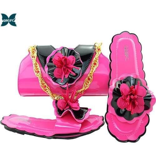 Afrcian 2021 New Arrival Italian Design Special Style Party Women Sandal and Bag Set Decorated With Appliqeus in Fuchsia Color