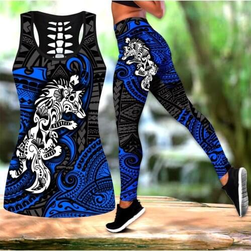 Polynesian Wolf Tattoo 3D Printed Hollow Tank Top & Leggings Set Fitness Female Full Length Leggings Running Pants DDK48