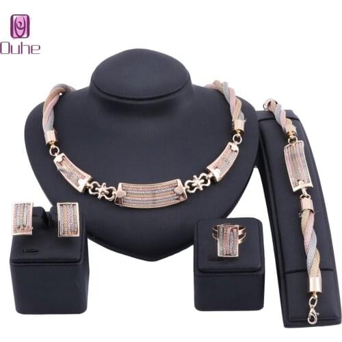 Exquisite Dubai Gold 3 Colors Chain Jewelry Set Wholesale Luxury Nigerian Woman Wedding Fashion Costume Design Jewelry Set