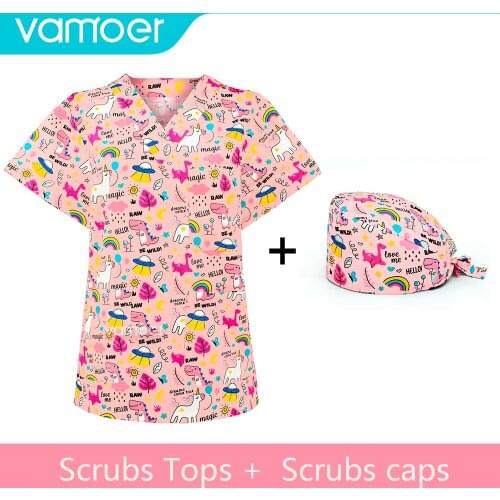 V-neck Print medica scrub tops surgic scrub tops scrub uniform 100% print cotton medicl uniforms wholesale S-XXL