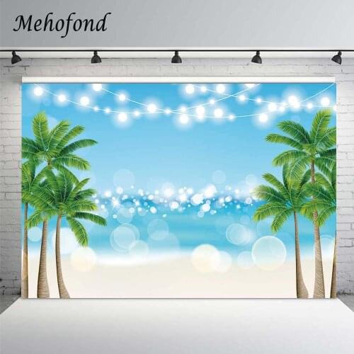 Mehofond Summer Backdrops For Photography Blue Sea Sky Glitter Light Bokeh Palms Tree Baby Birthday Decoration Background Props